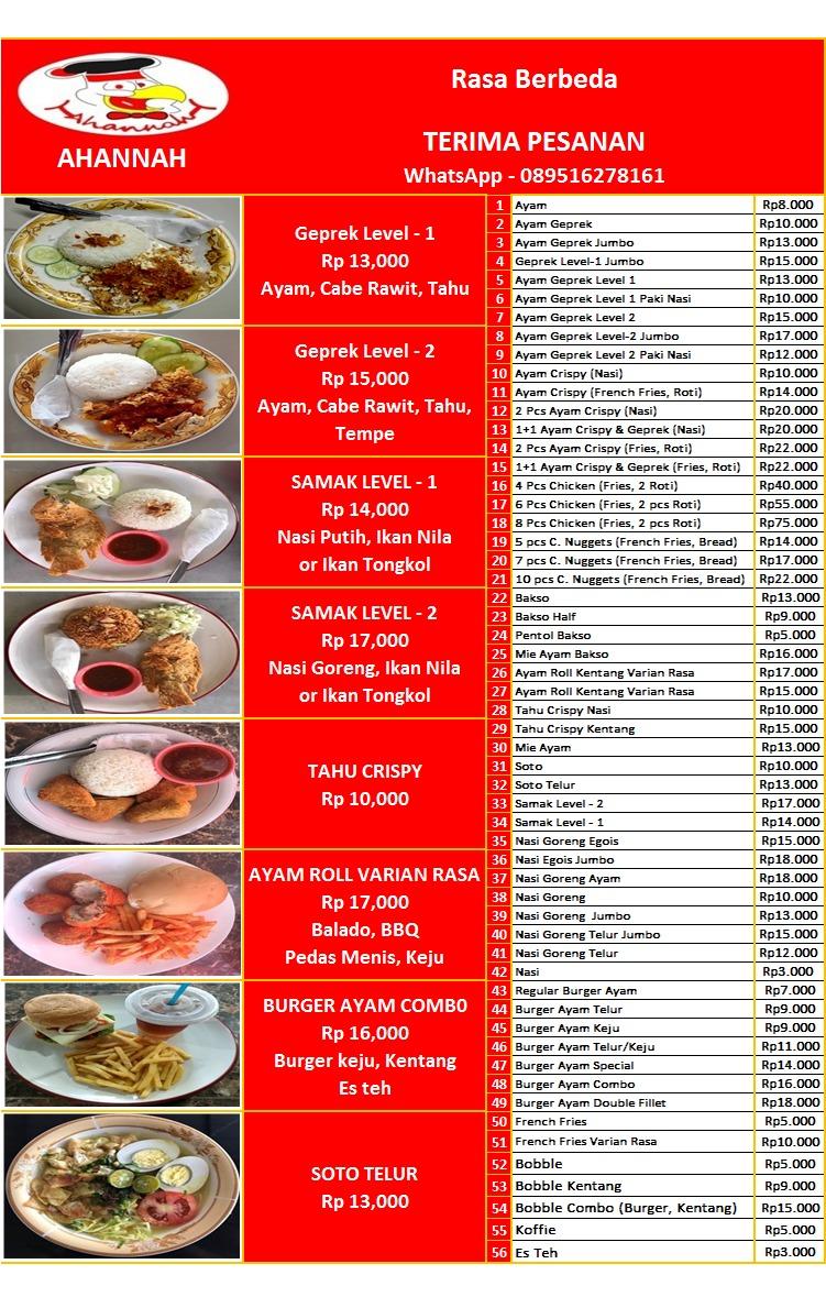 Menu at AHANNAH Fried Chicken restaurant, Pontianak