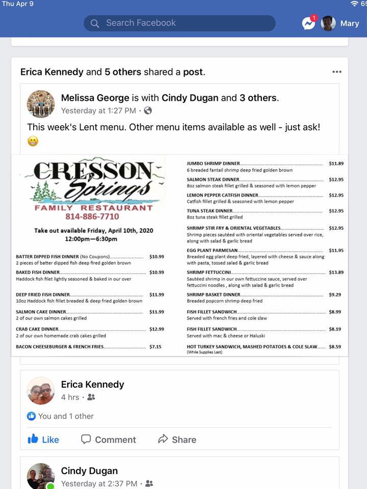 Menu at Cresson Springs Family Restaurant, Cresson