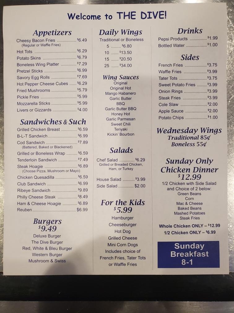 Menu at The Dive Bar and Grill, Sunman