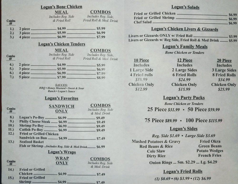 Menu at Logan's Famous Chicken and Tenders restaurant, Picayune