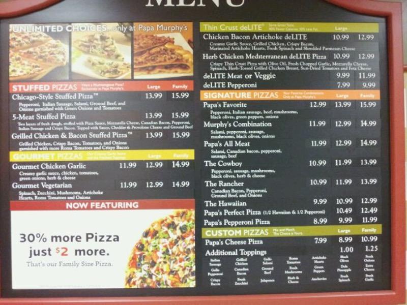 Menu at Papa Murphy's Take 'N' Bake Pizza pizzeria, Lacey, Yelm Hwy SE