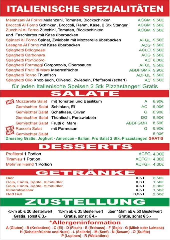 Speisekarte von Pizza Al Forno, Gemeinde Hollabrunn