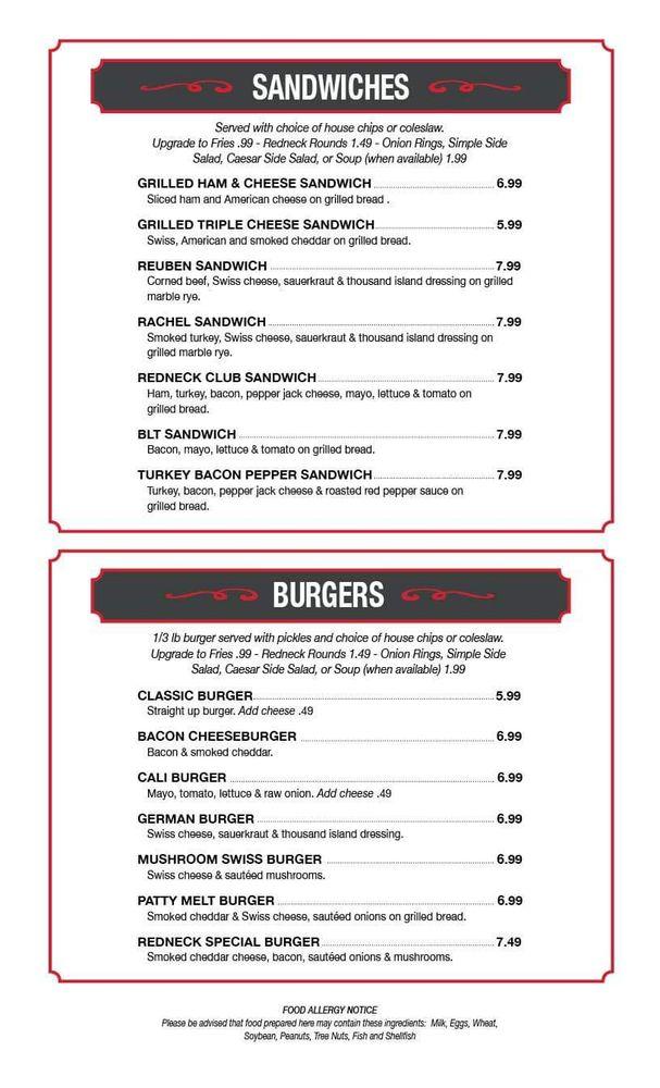 Menu at Rudolph's Redneck Roost pub & bar, Holdingford