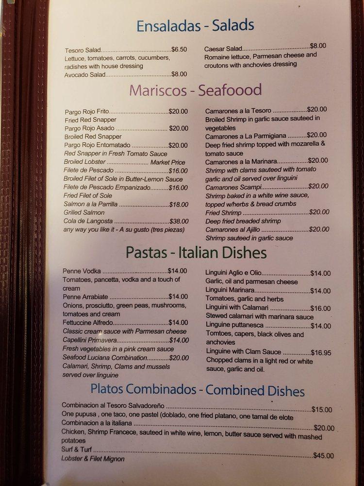 Menu at Tesoro Salvadoreño restaurant, North Plainfield