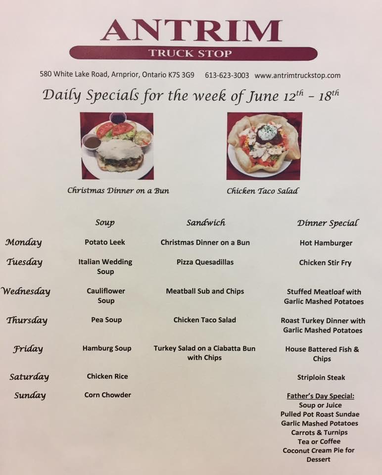 Menu at Antrim Truck Stop restaurant, Arnprior
