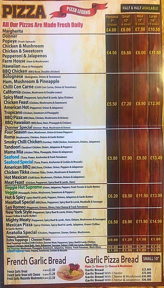 Menu at anatolia restaurant, Kidderminster