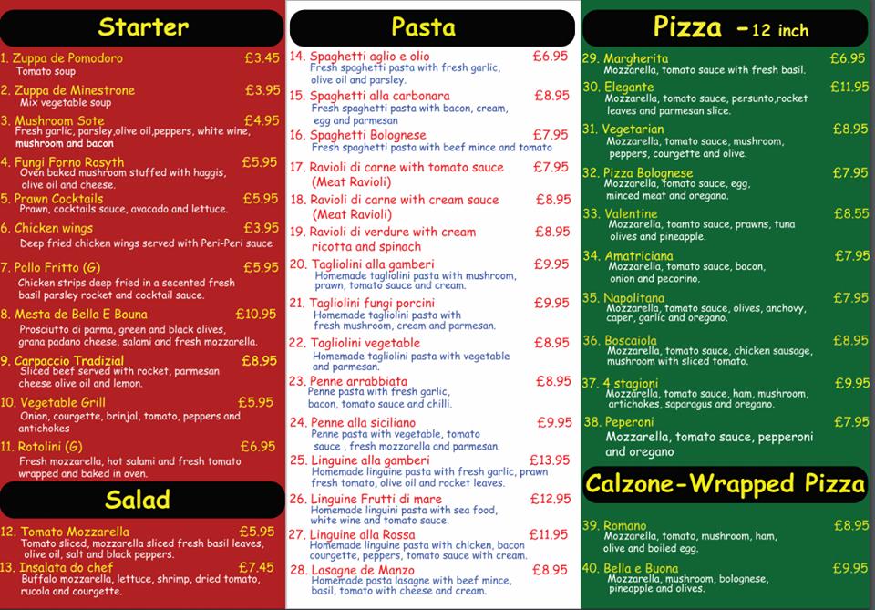 Menu At Bella E Buona Restaurant Dunfermline