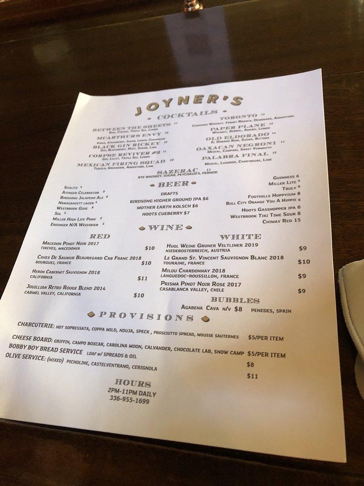 Menu at Joyner's Bar, WinstonSalem