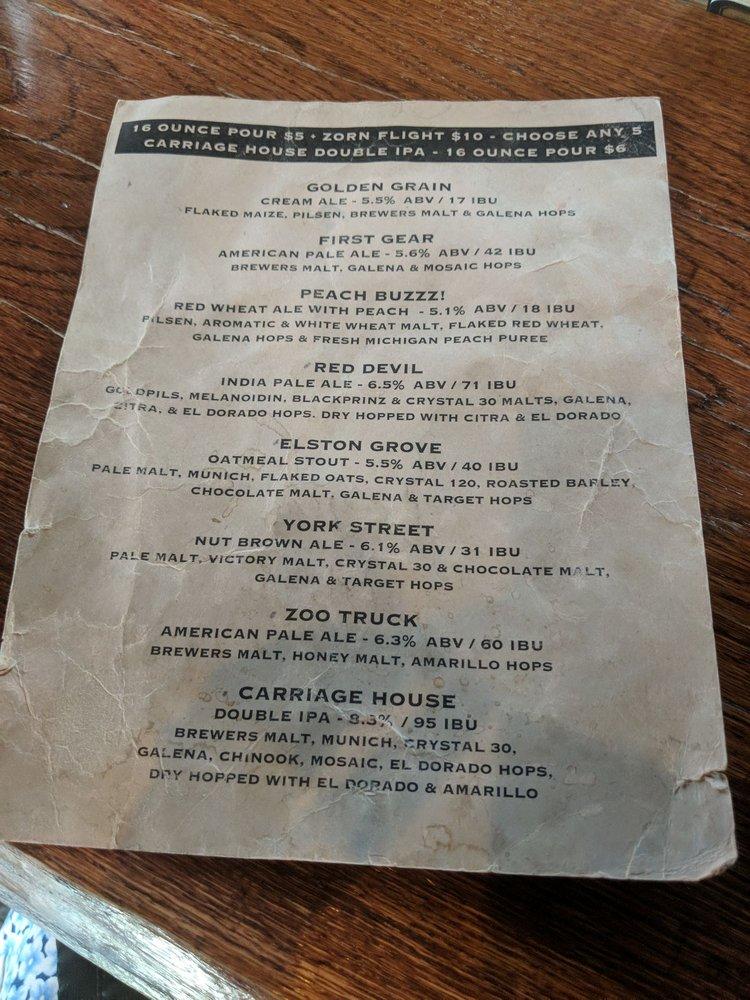 Menu at Zorn Brew Works Co. restaurant, Michigan City