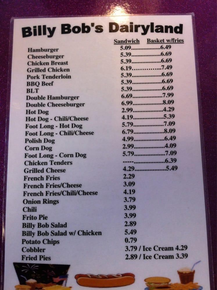 Menu at Billy Bob's Dairy Land restaurant, Branson, W 76 Country Blvd