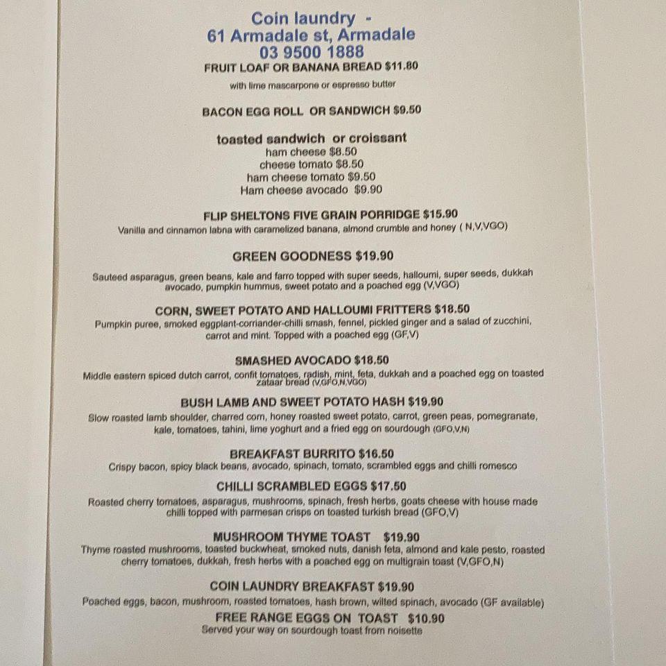 Menu at Coin Laundry Cafe, Armadale