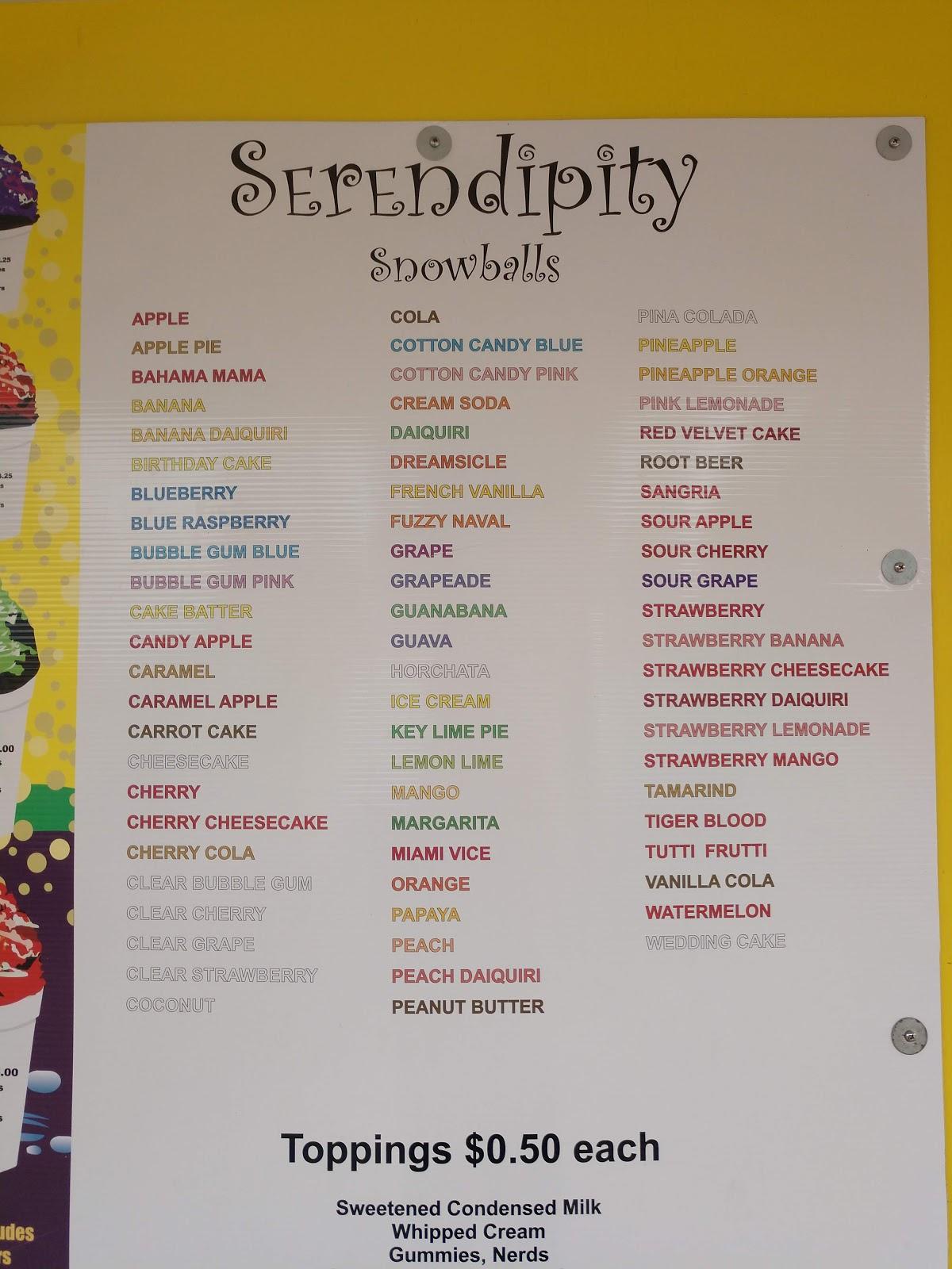 Menu at Serendipity Snowballs desserts, Forest City