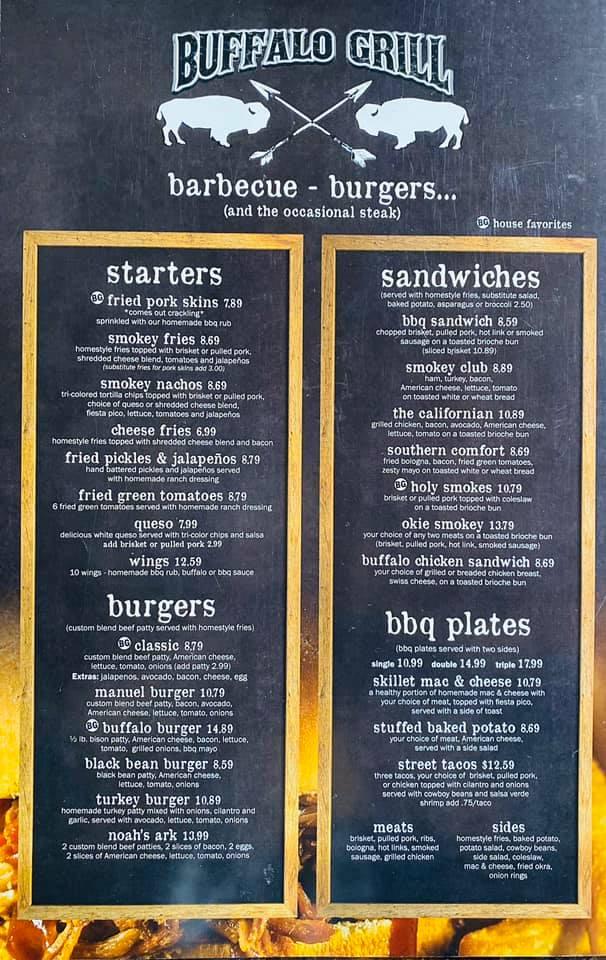 Menu at Buffalo Grill, LLC Hochatown BBQ, Broken Bow