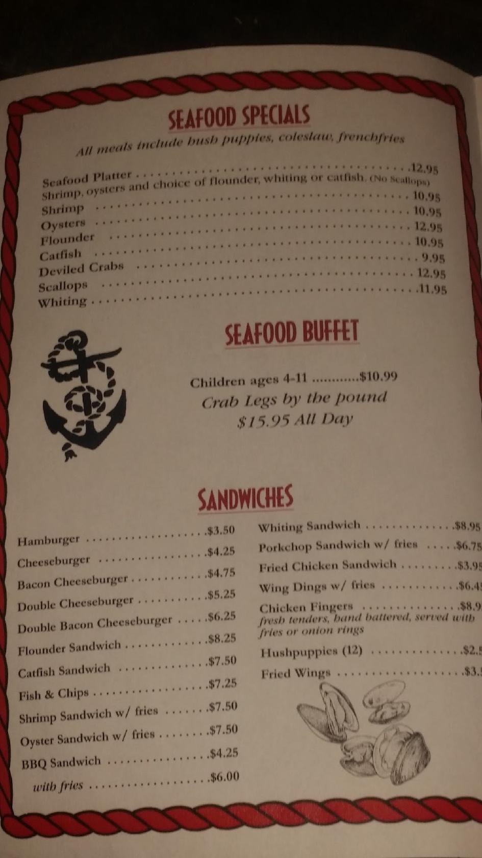 Menu at Sea Man's Seafood restaurant, USA, 701 Hwy 9 E