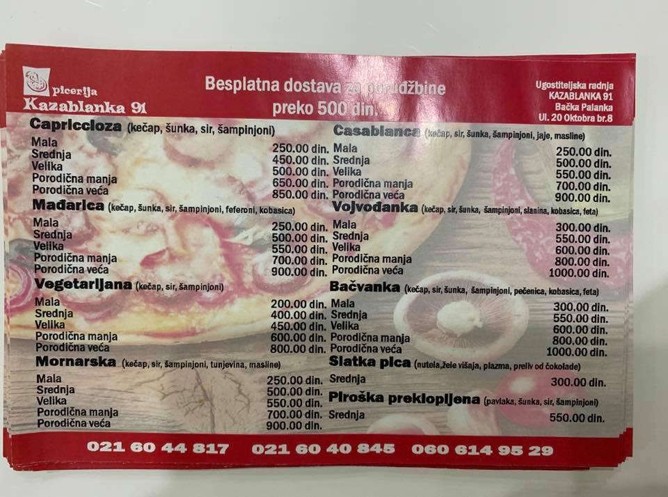 Menu at Casablanca restaurant, Backa Palanka