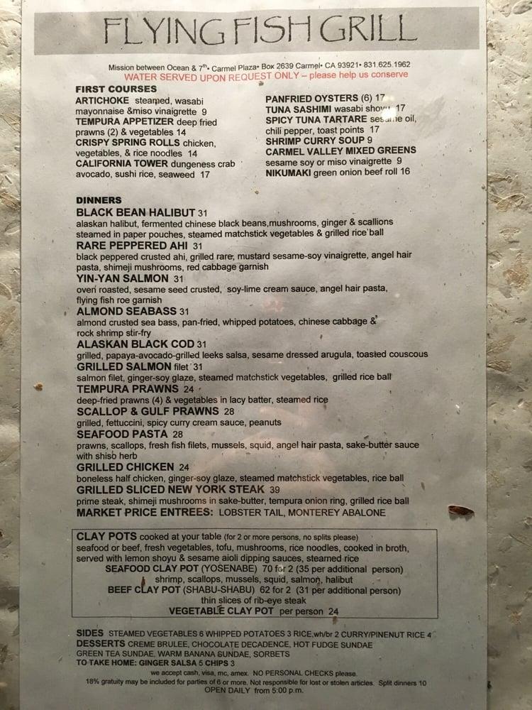 Menu at Flying Fish Grill restaurant, CarmelbytheSea