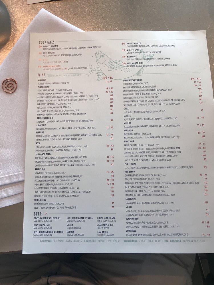 Carta de Pescado Seafood Grill & Rooftop Bar, Rosemary Beach
