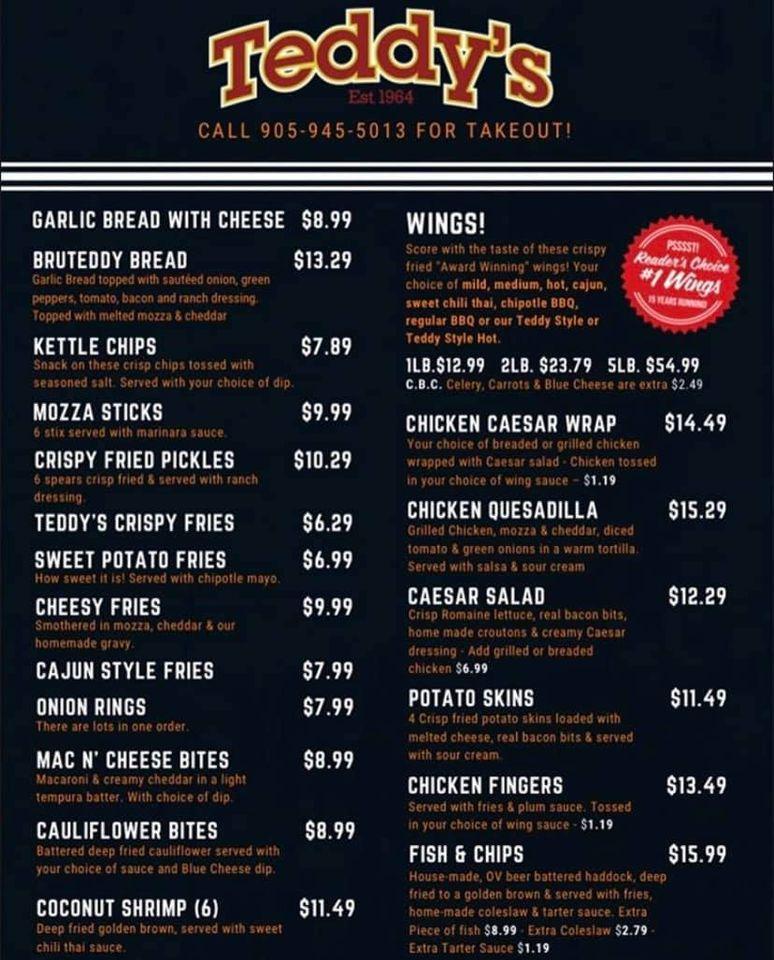 Menu at Teddy's Sports Bar, Grimsby
