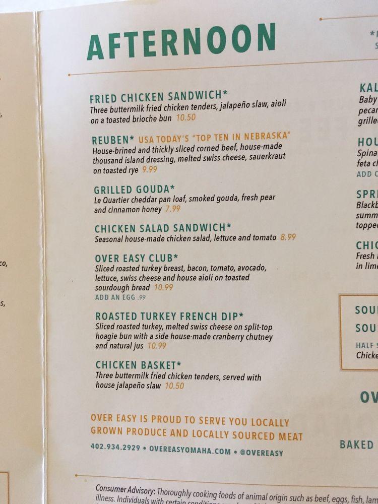 Menu at Over Easy restaurant, Omaha