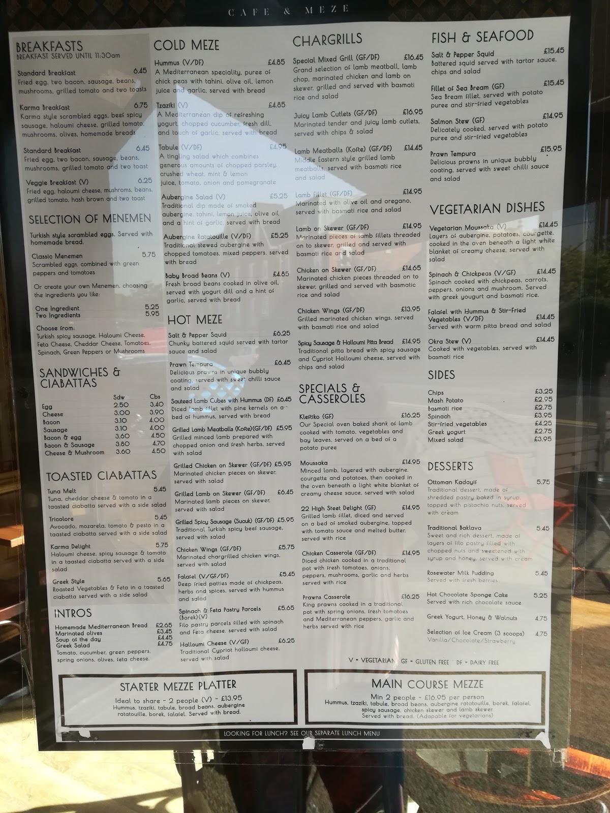 Menu at Karma Cafe & Meze, Broadstone