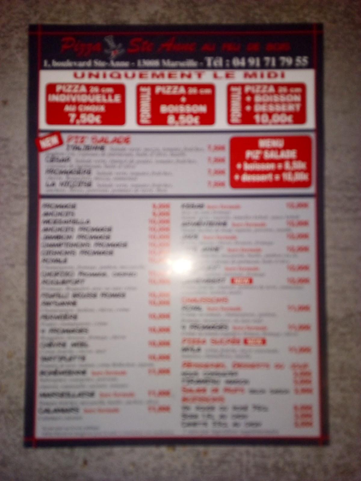 Menu at Pizza Sainte Anne pizzeria, Marseille