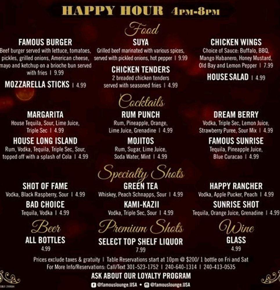 Famous Lounge Restaurant Bar Menu