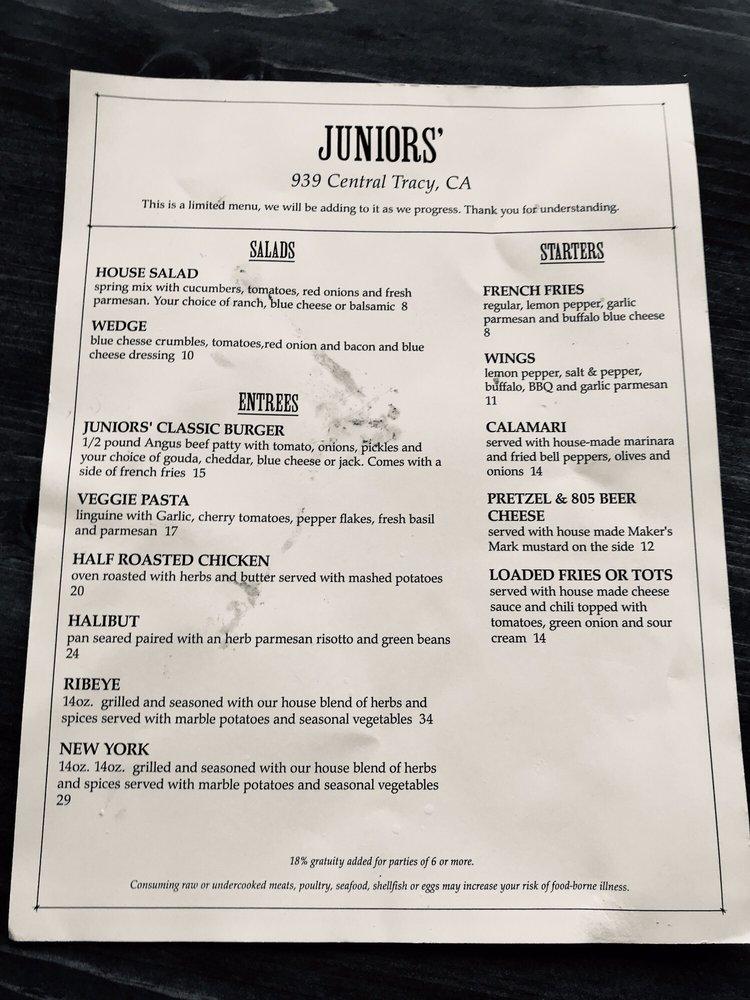 Menu at Juniors' restaurant, Tracy
