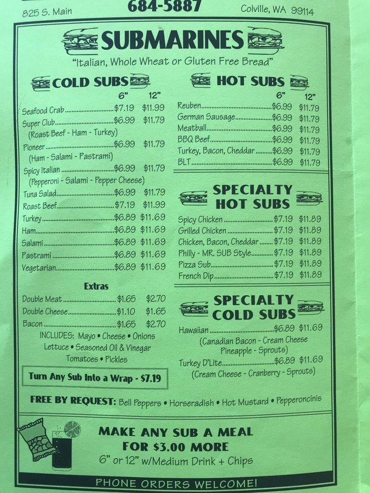 Menu at Mr. Sub pizzeria, Colville