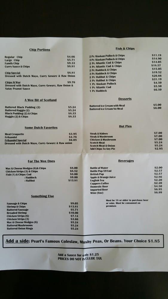 Menu at Whitbie's Fish & Chips restaurant, Lethbridge