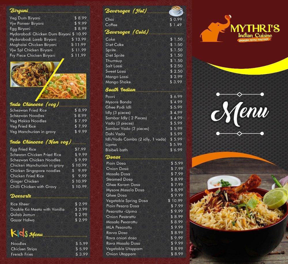 Menu at Mythri's Indian Cuisine desserts, Irving