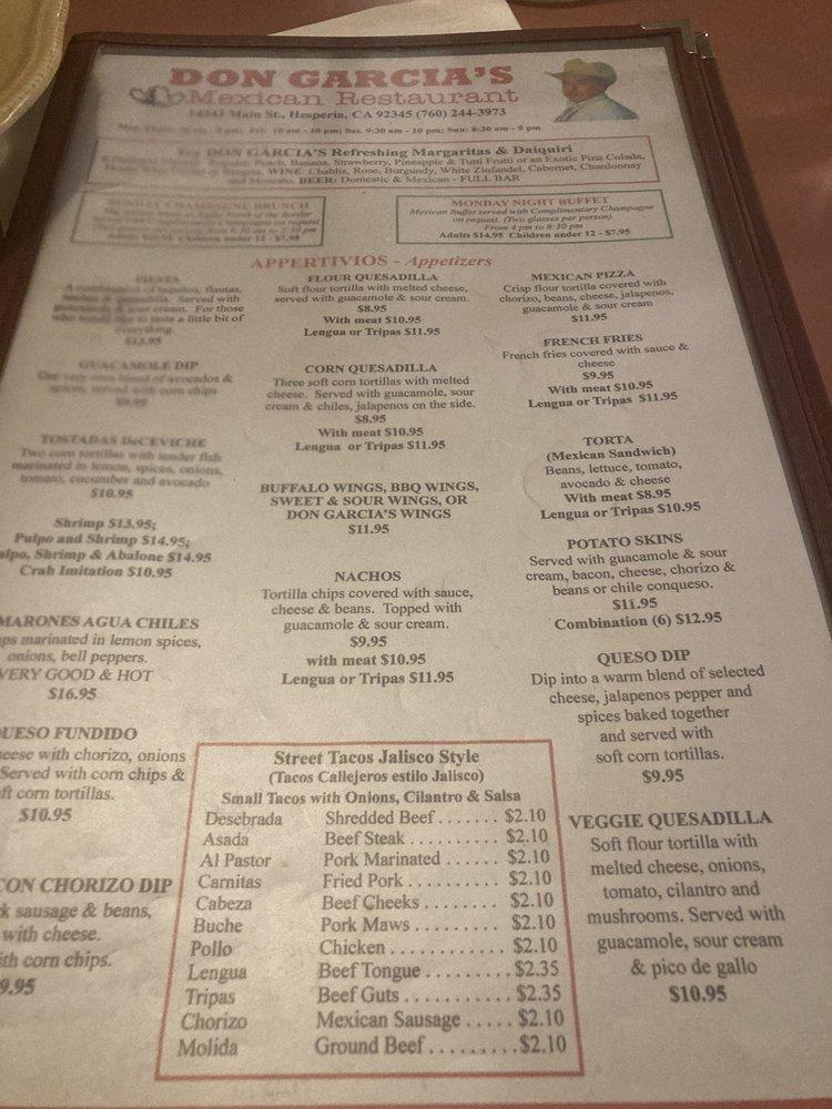 Menu at Don Garcia's Mexican Restaurant, Hesperia