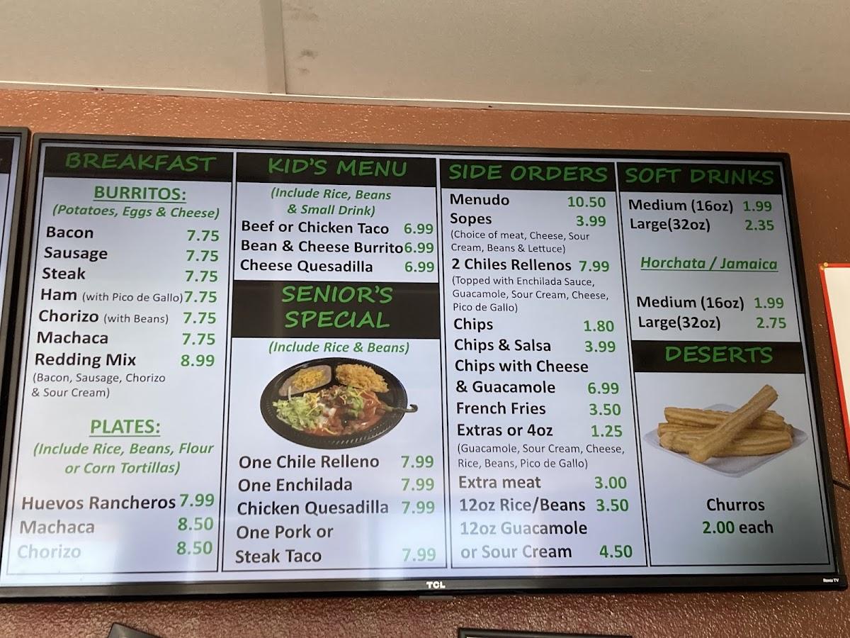 Carta del restaurante El Delicioso Burrito, Anderson