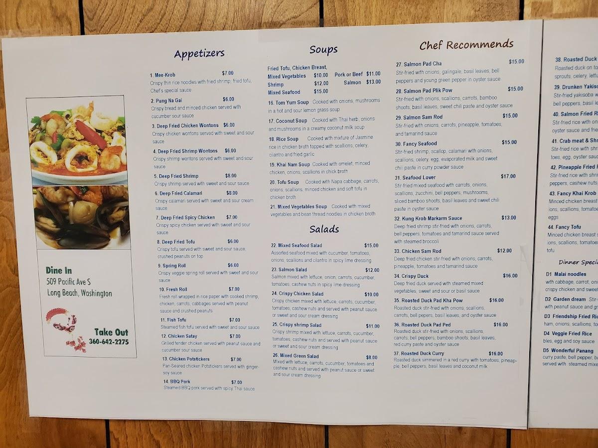 Menu at Malai Thai Restaurant, Long Beach