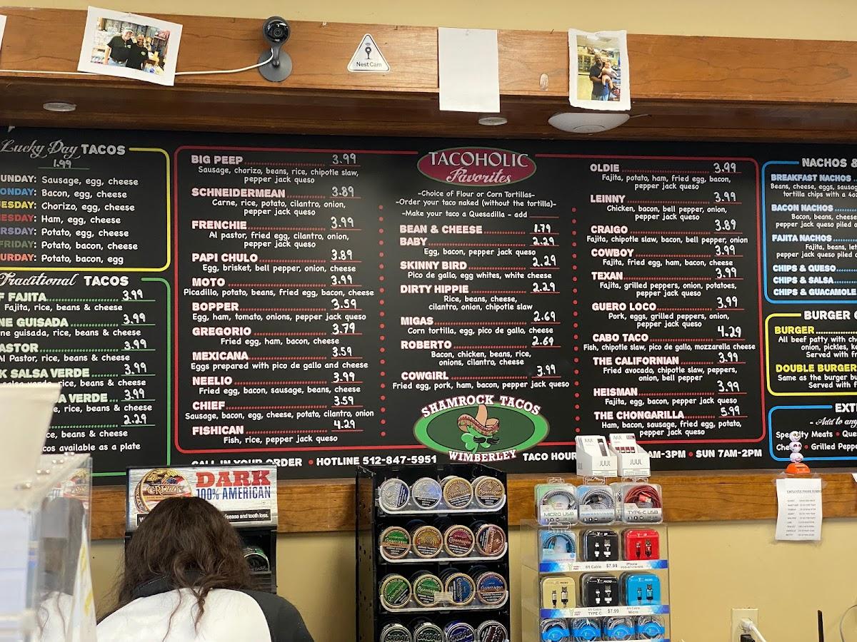 Menu at Shamrock Tacos restaurant, Wimberley