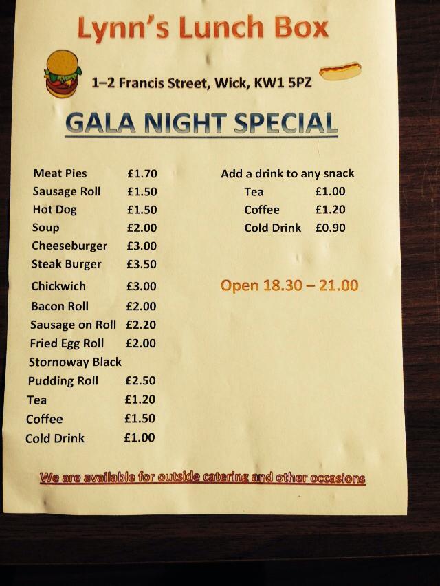 Menu at The Lunch Box cafe, Wick