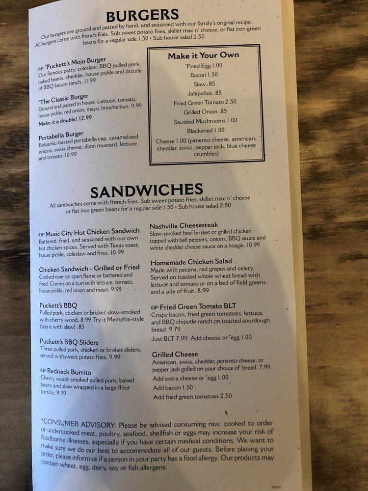 Menu at Puckett's Restaurant Pigeon Pigeon