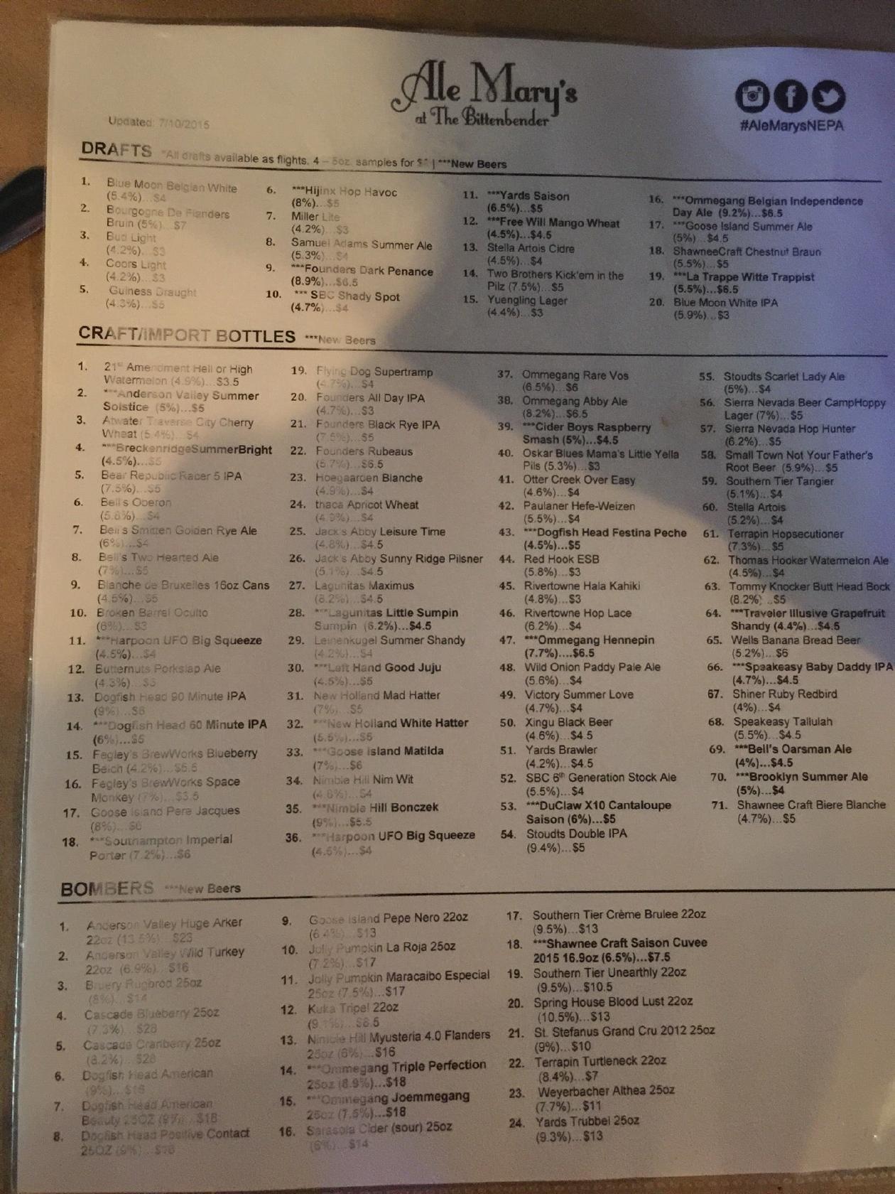 Menu at Ale Mary's at the Bittenbender pub & bar, Scranton