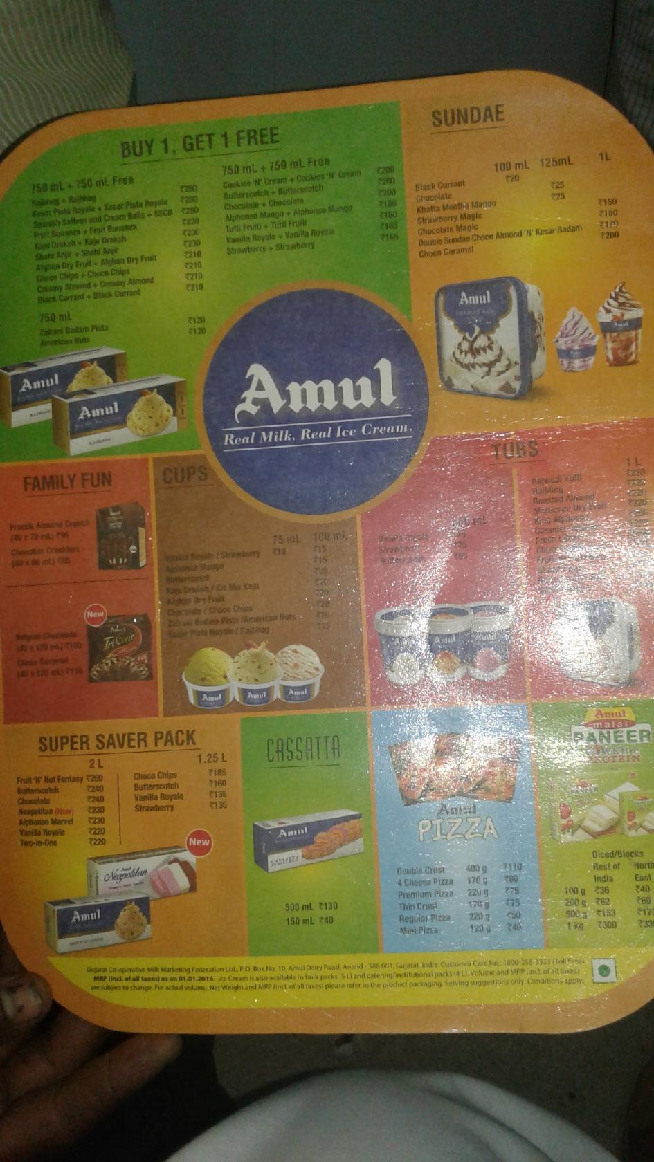 Menu at Mumbai sweets and ice cream parlour, India