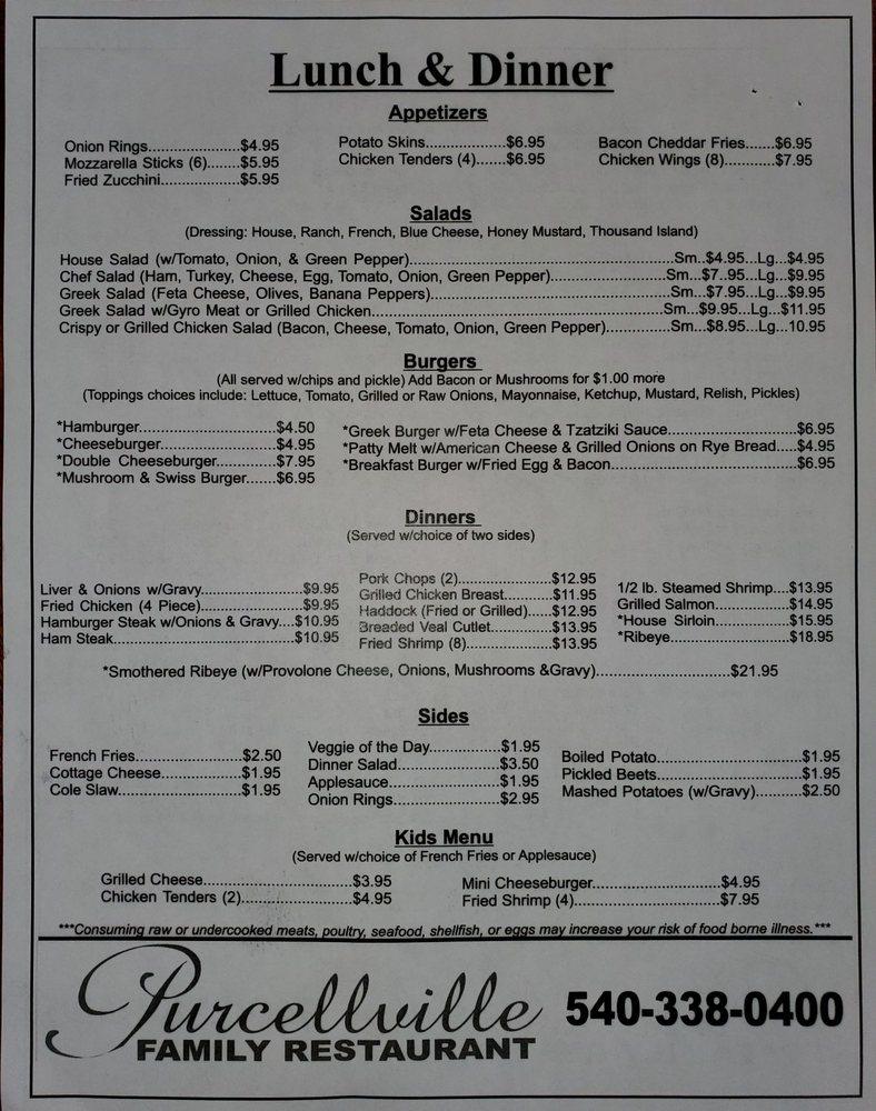 Menu at Purcellville Family Restaurant, Purcellville