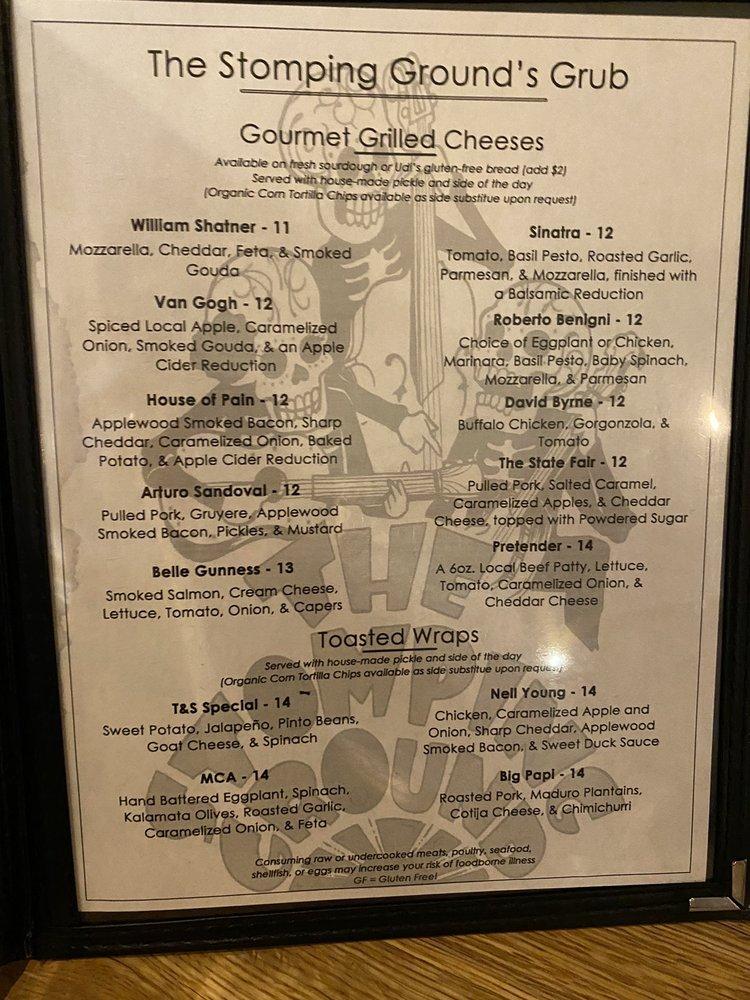 Menu at The Stomping Ground pub & bar, Putnam
