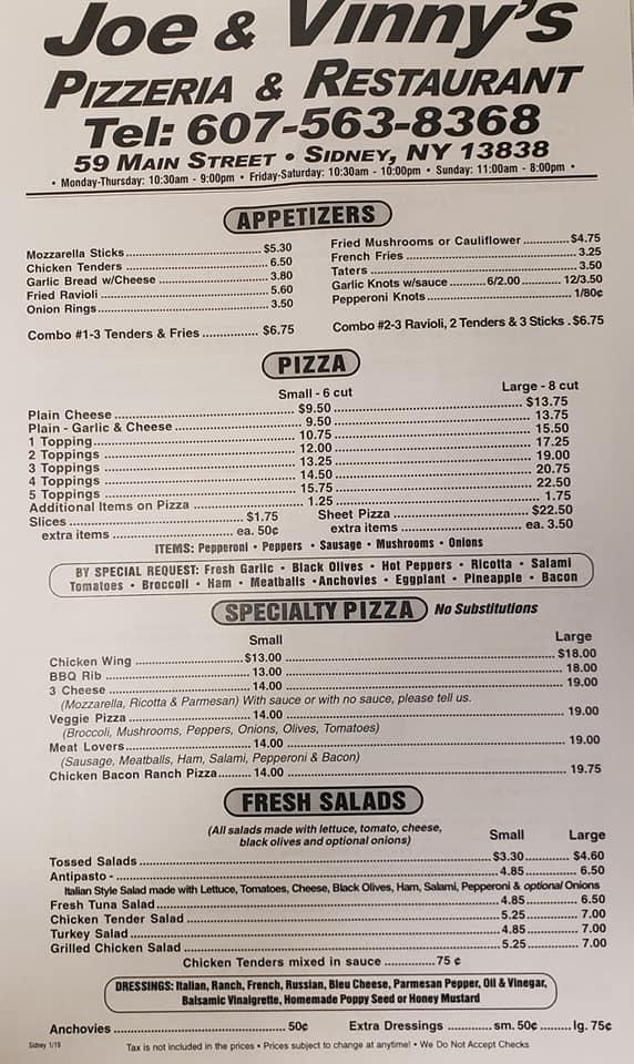 Menu at Sidney Joe's pizzeria, Sidney