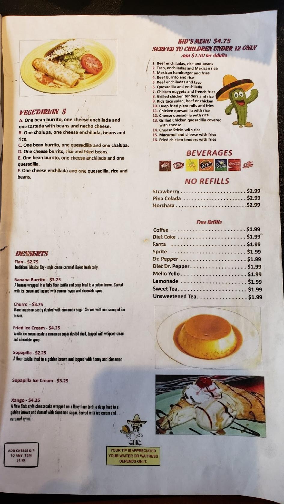 Menu at Piñata Mexican Grill restaurant, Baldwyn