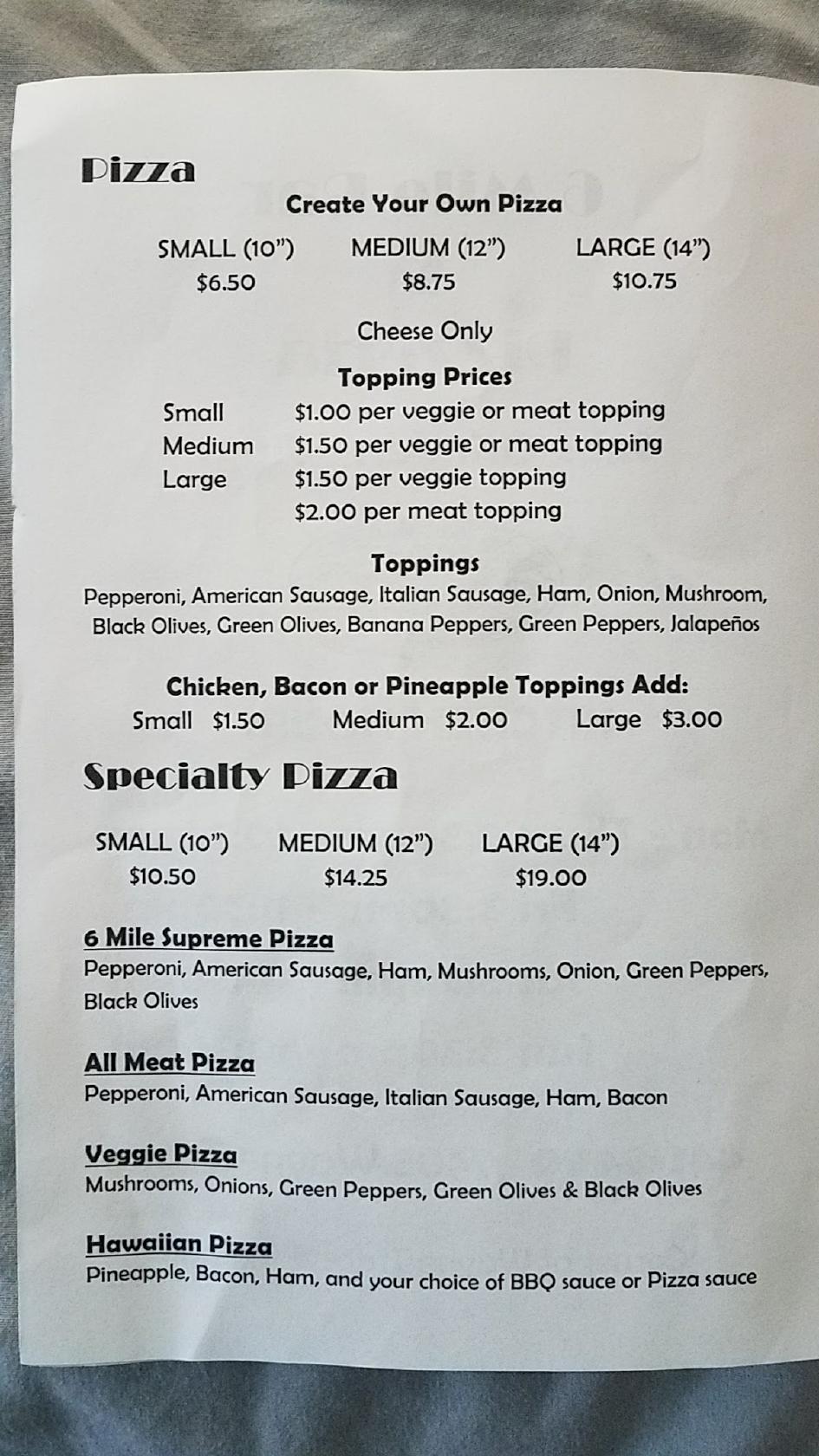 Menu at 6 Mile Bar & Pizzeria, Fort Wayne