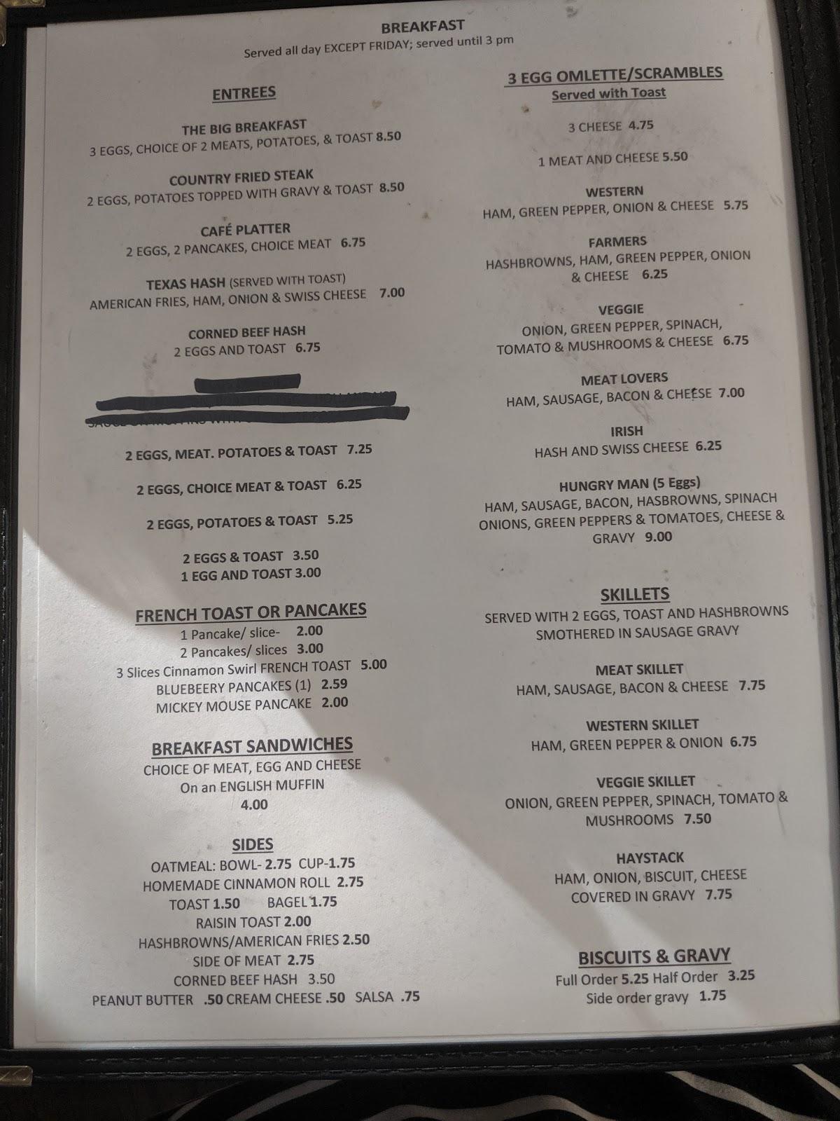 Menu at Tekonsha Cafe, Tekonsha
