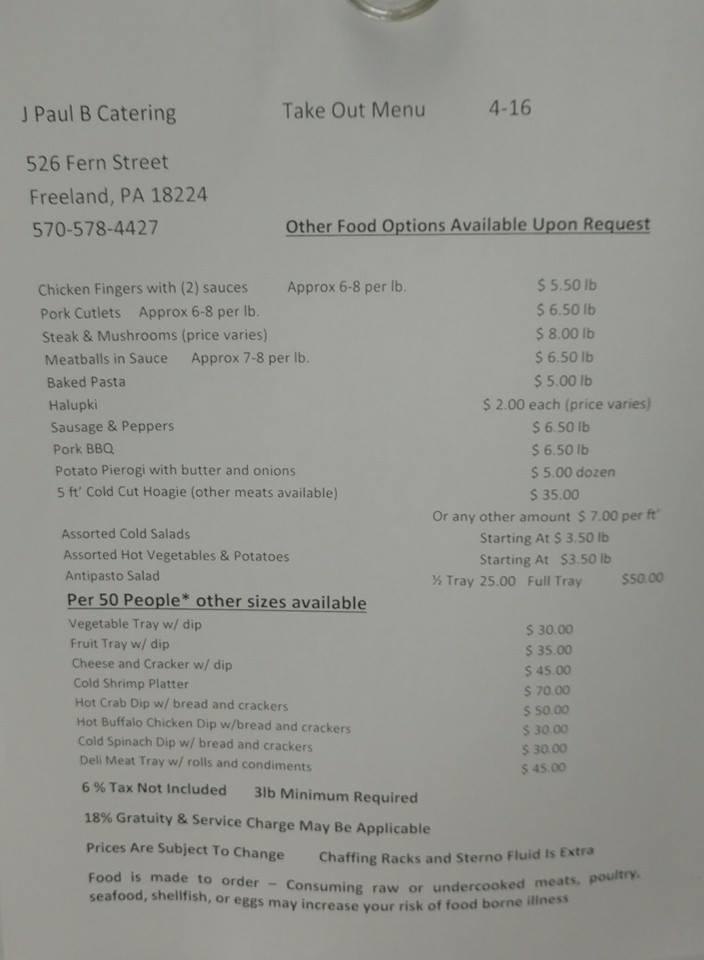 Menu At J Paul B Catering Restaurant, Freeland