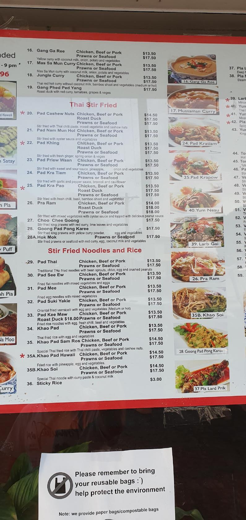 Menu at Pad Thai restaurant, Auckland, 96 Glengarry Rd