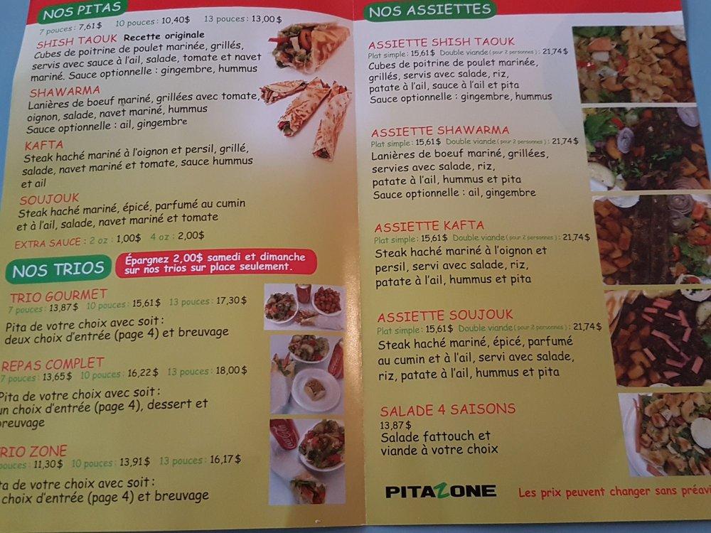 Menu au Pita Zone fast food, Lachute