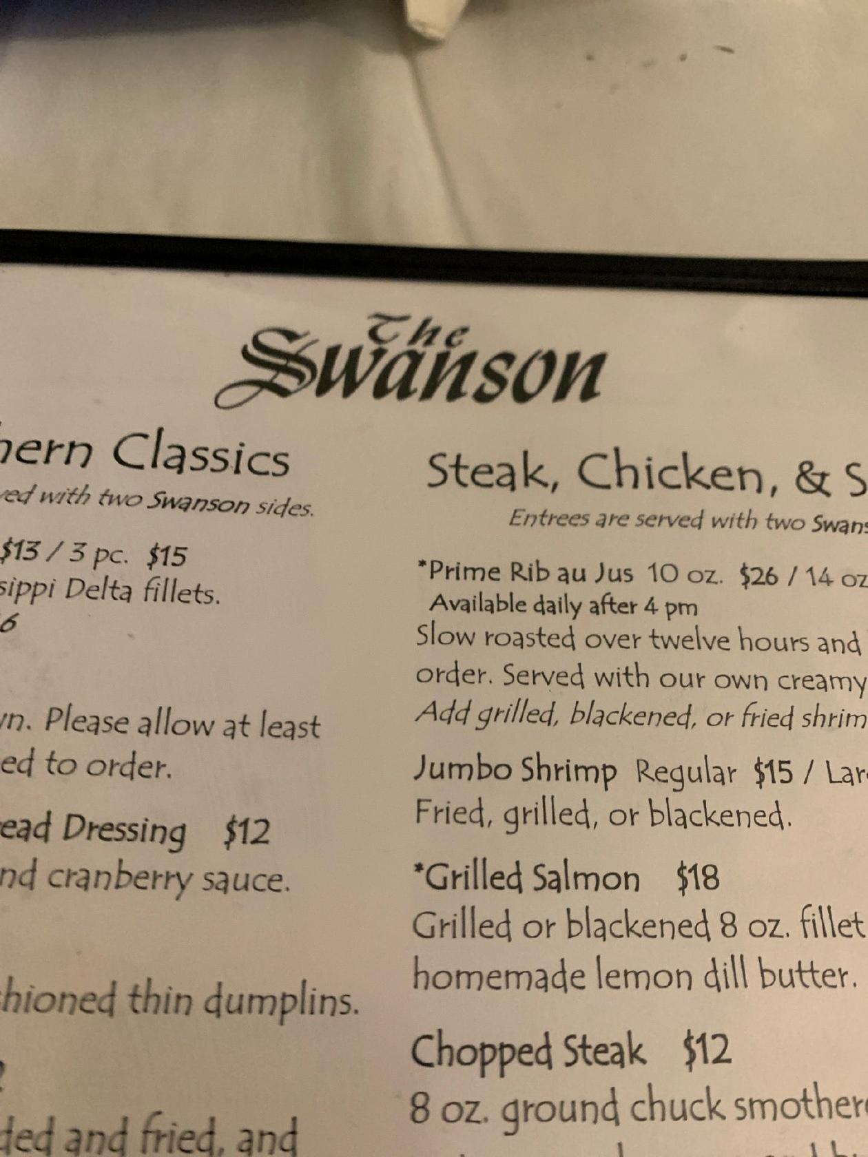 Menu at The Swanson restaurant, Perry