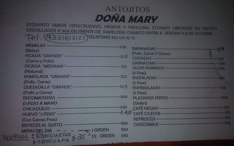 Menu at Antojitos Doña Mary restaurant, Paraíso