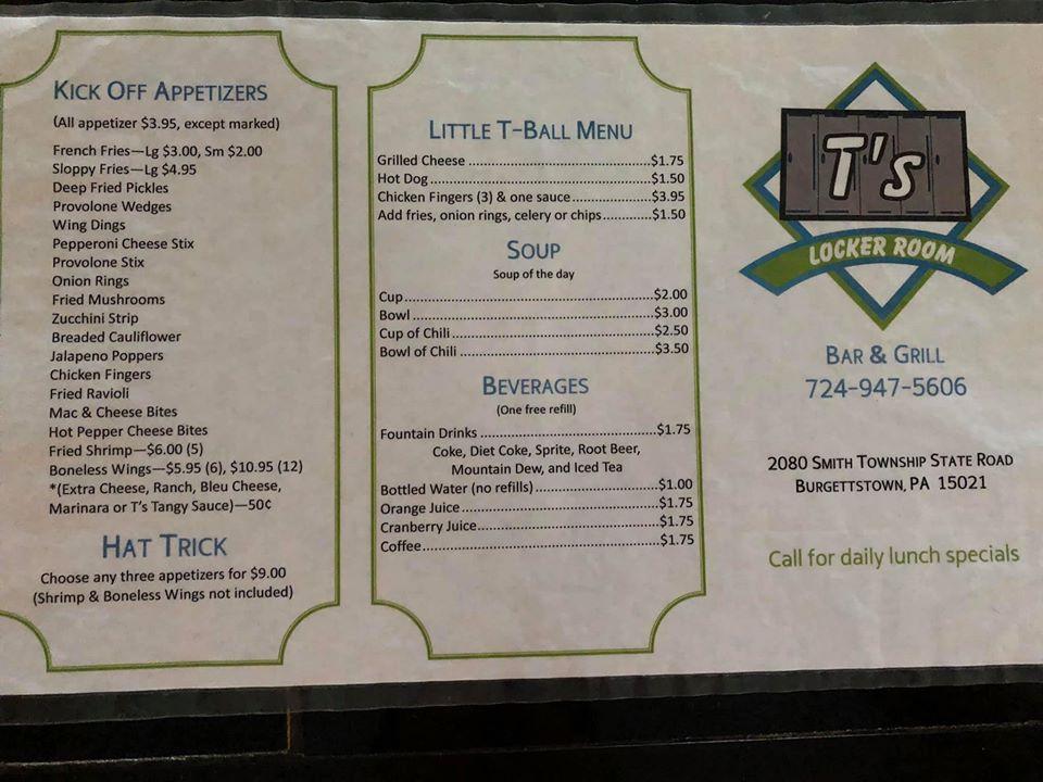 Menu at T's Locker Room pub & bar, Burgettstown